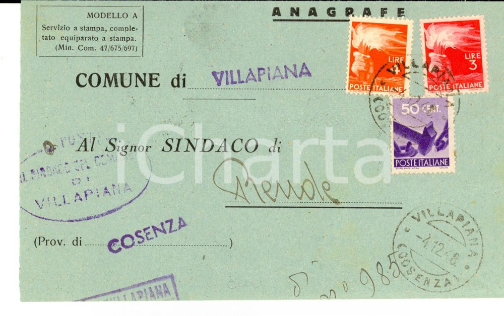 Cartolina originale da collezione 1945 VILLAPIANA STORIA POSTALE Modulo affrancatura Lire 4 + Lire 5+ 50 cent. 1