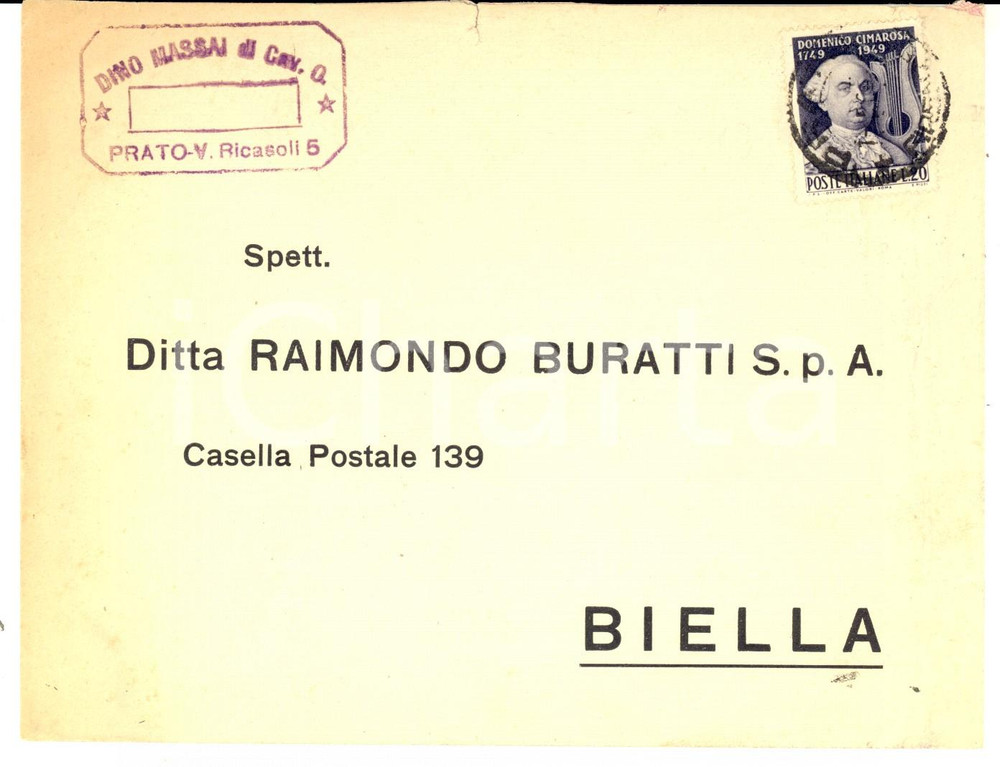 Cartolina originale da collezione 1950 STORIA POSTALE REPUBBLICA PRATO Ditta Dino MASSAI Busta L. 20 CIMAROSA 1