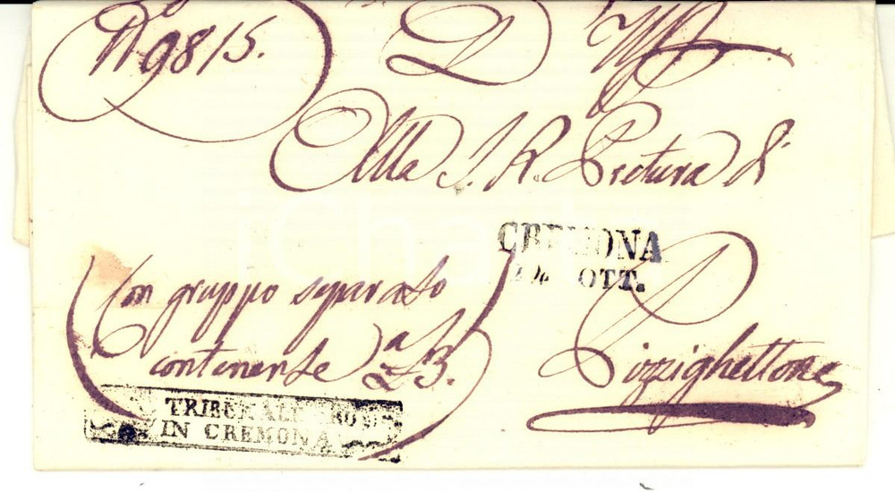 Documento originale, autentico 1850 Lettera prefilatelica CREMONA per PIZZIGHETTONE Timbri lineari 1