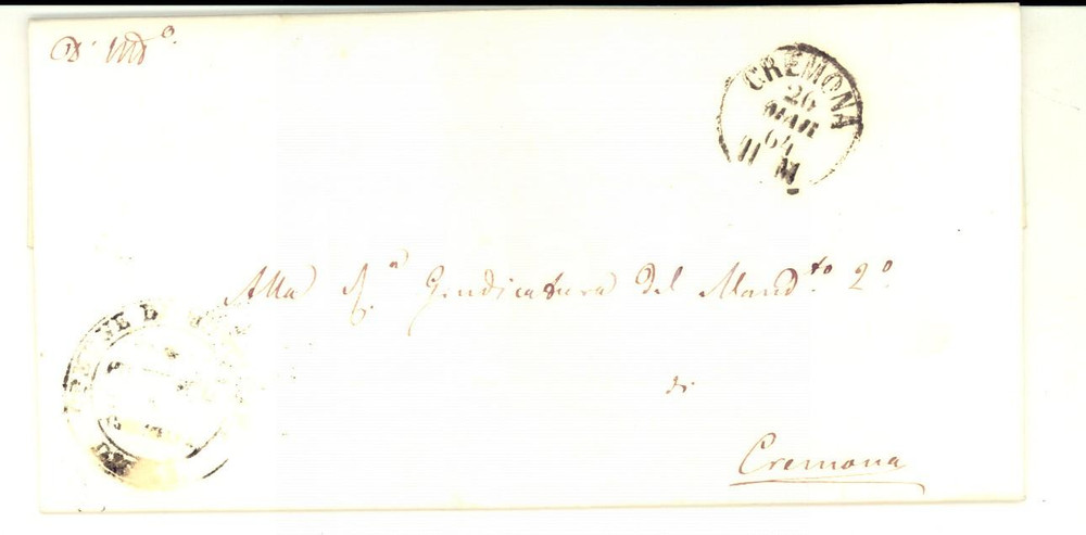 Documento originale, autentico 1864 MONTANARA/ VESCOVATO Prefilatelica CREMONA su manomorta Timbri circolari 1