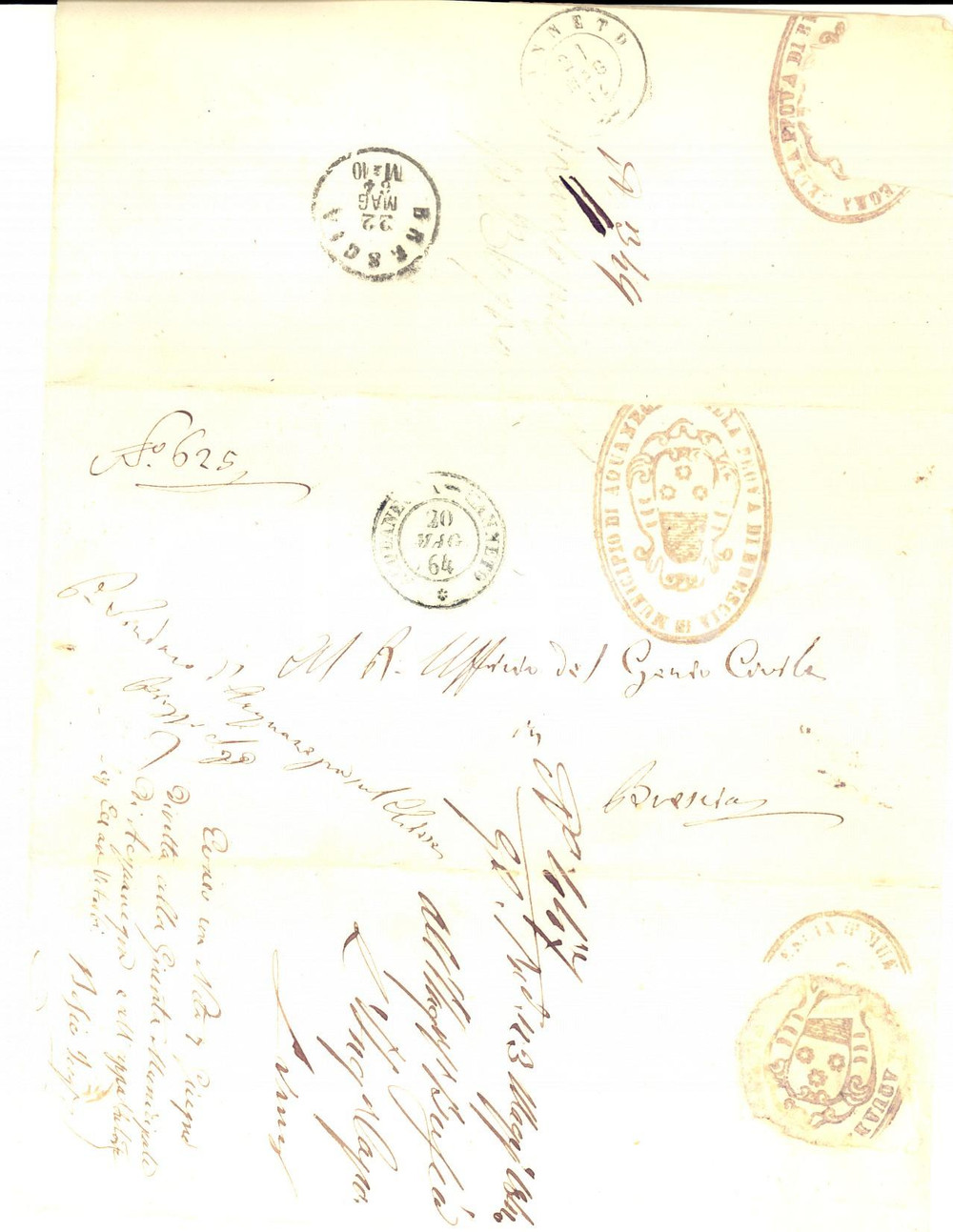 1864 Prefilatelica timbro ACQUANEGRA SUL CHIESE con stemma per BRESCIA