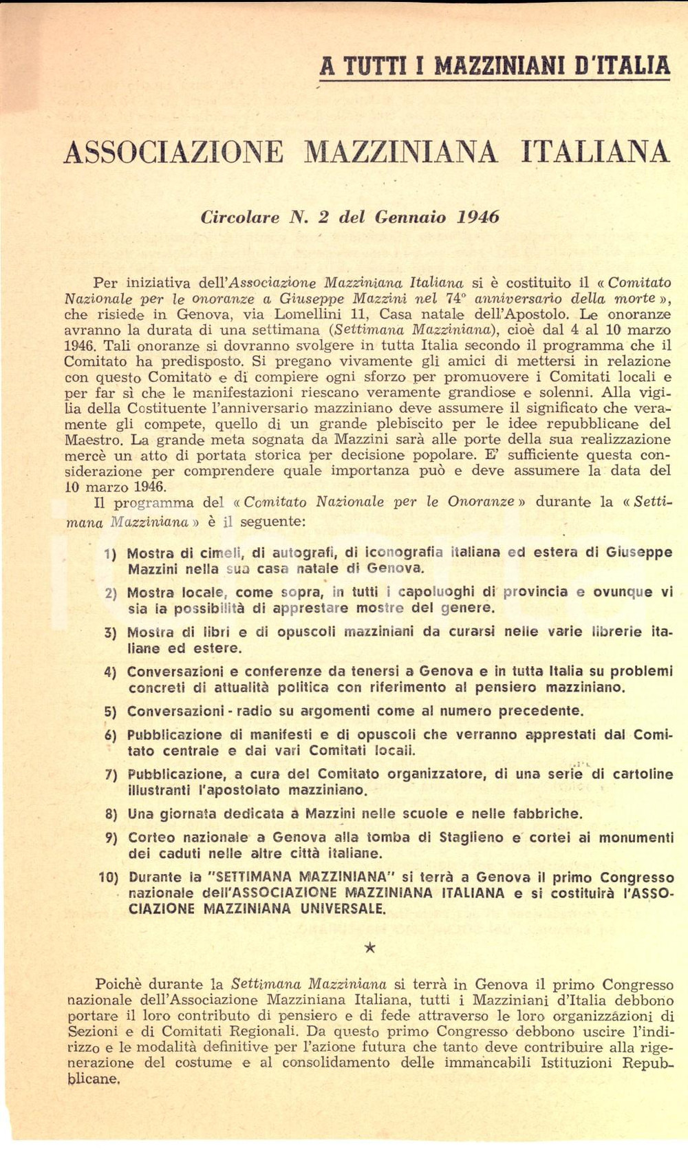 1946 ASSOCIAZIONE MAZZINIANA Programma comitato onoranze a MAZZINI *Volantino