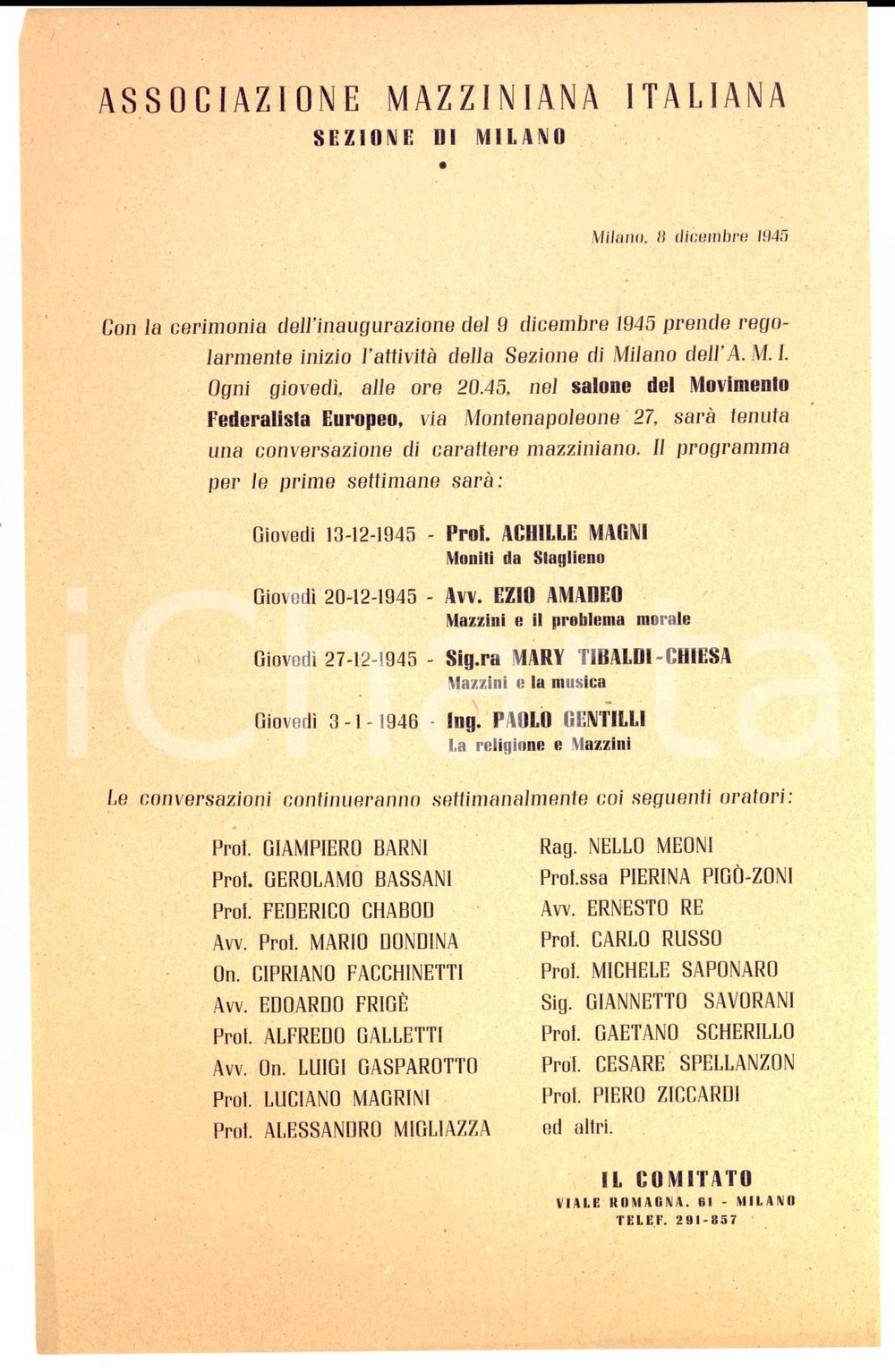 Materiale pubblicitario d’epoca 1946 ASSOCIAZIONE MAZZINIANA MILANO Programma conversazioni mazziniane 1