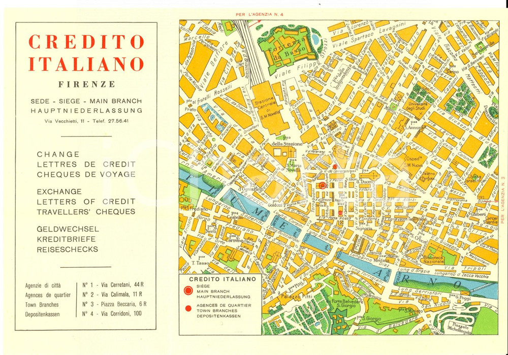 Materiale pubblicitario d’epoca 1964 FIRENZE Mappa pubblicitaria CREDITO ITALIANO Pieghevole 24x16 cm 1