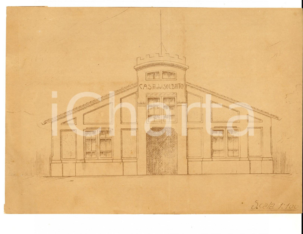 Stampa, bozzetto originale 1918 ALBANIA Santi QUARANTA Facciata CASA DEL SOLDATO Bozzetto cm 20x15 1