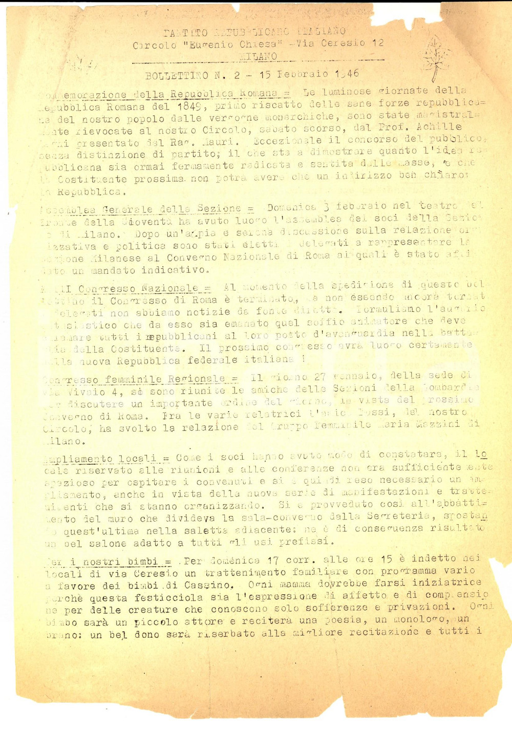 Documento originale, autentico 1946 PARTITO REPUBBLICANO MILANO Circolo Eugenio CHIESA Bollettino n° 2 1