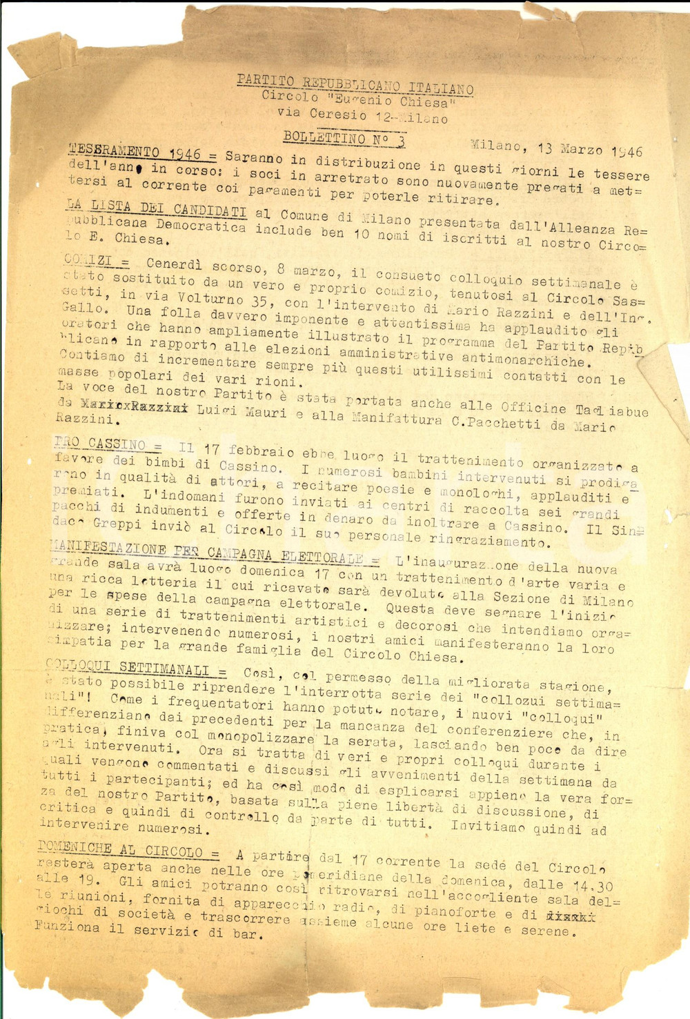 Documento originale, autentico 1946 PARTITO REPUBBLICANO MILANO Circolo Eugenio CHIESA Bollettino n° 6 1