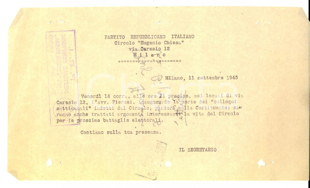 Documento originale, autentico Settembre 1945 PARTITO REPUBBLICANO MILANO Circolo Eugenio CHIESA Colloqui 1