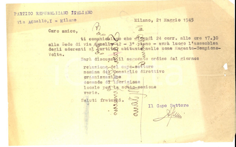 Documento originale, autentico Maggio 1945 PARTITO REPUBBLICANO MILANO Circolo Eugenio CHIESA Assemblea 1