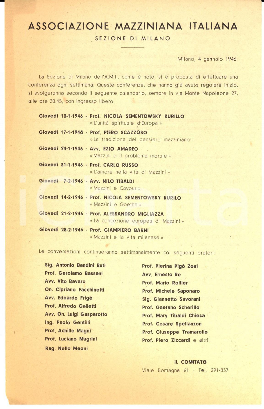 Materiale pubblicitario d’epoca 1946 ASSOCIAZIONE MAZZINIANA MILANO Programma conferenze via MONTENAPOLEONE 1