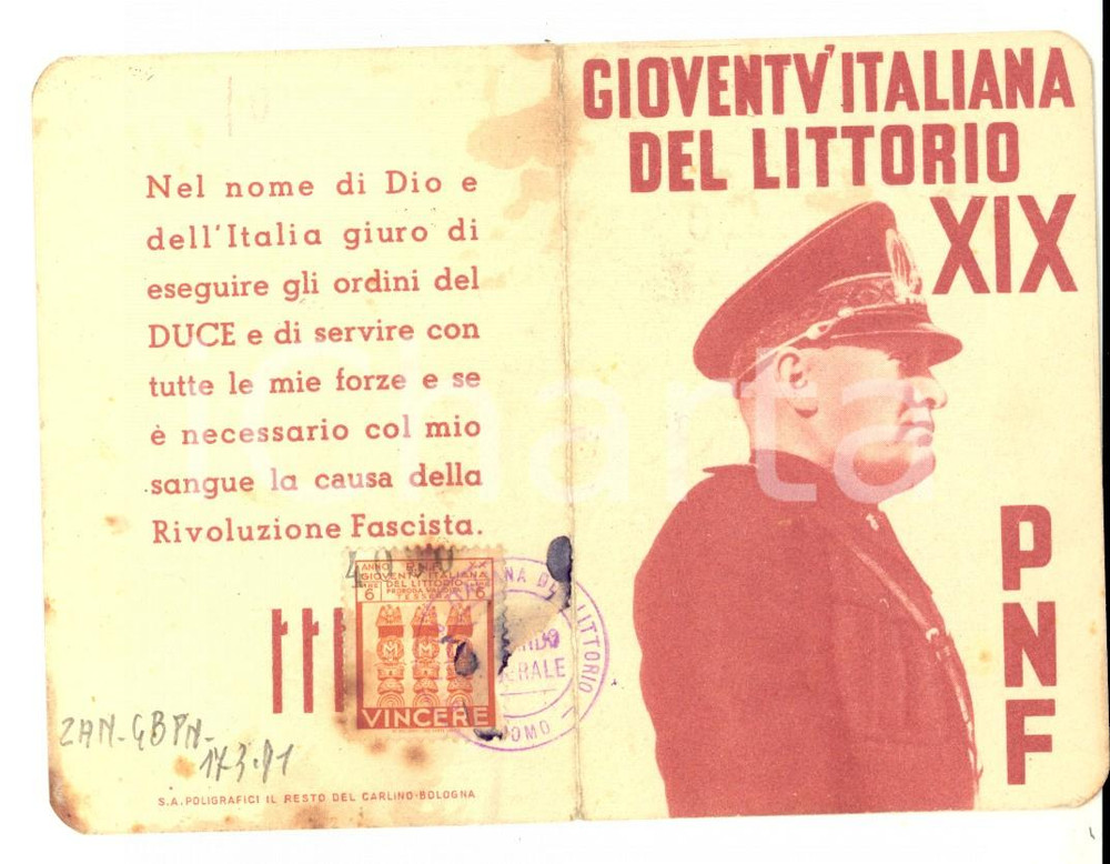Oggetto da collezione cartaceo 1941 PNF Fascio di COMO  Tessera GIL di Anna Maria GARAVAGLIA Giovane Italiana 1