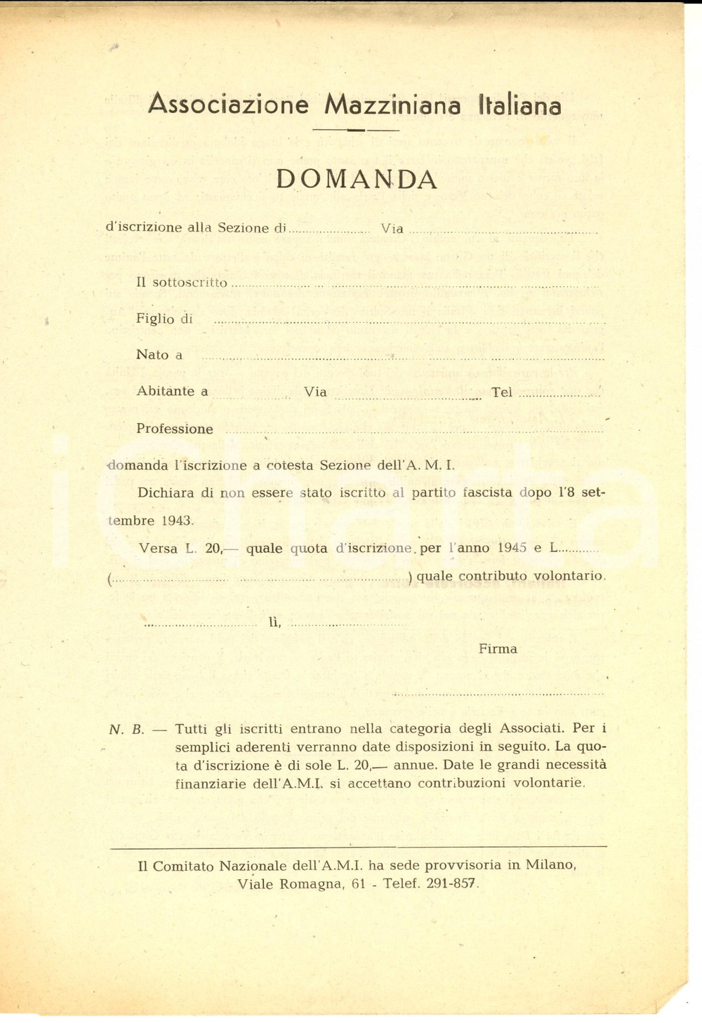 Materiale pubblicitario d’epoca 1946 ASSOCIAZIONE MAZZINIANA Domanda d iscrizione  Modulo NON COMPILATO 1