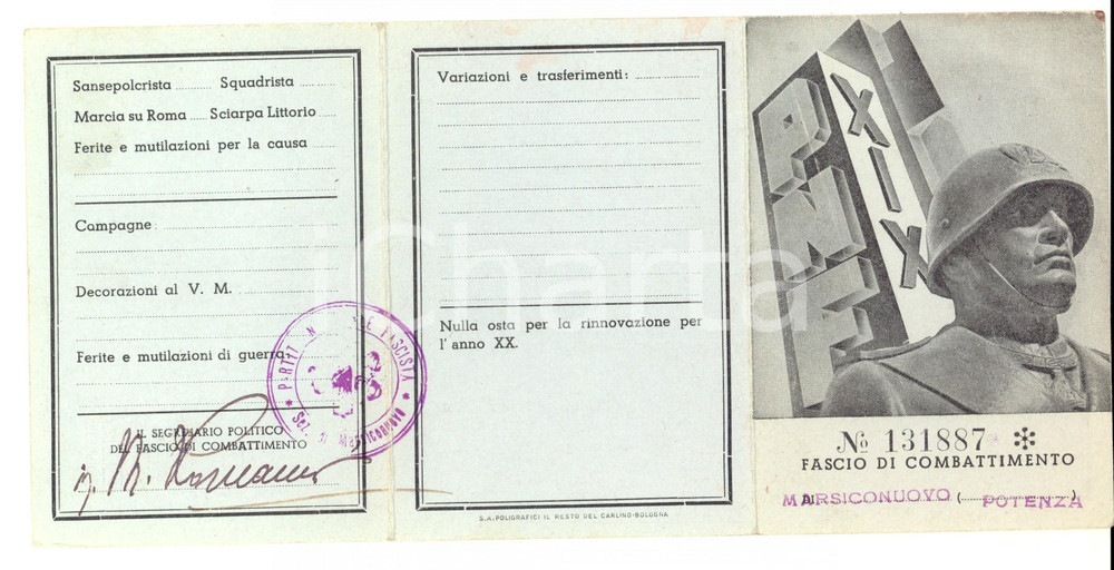 Oggetto da collezione cartaceo 1942 PNF Fascio di MARSICO NUOVO PZ Tessera di Rocco SASSONE agricoltore 1