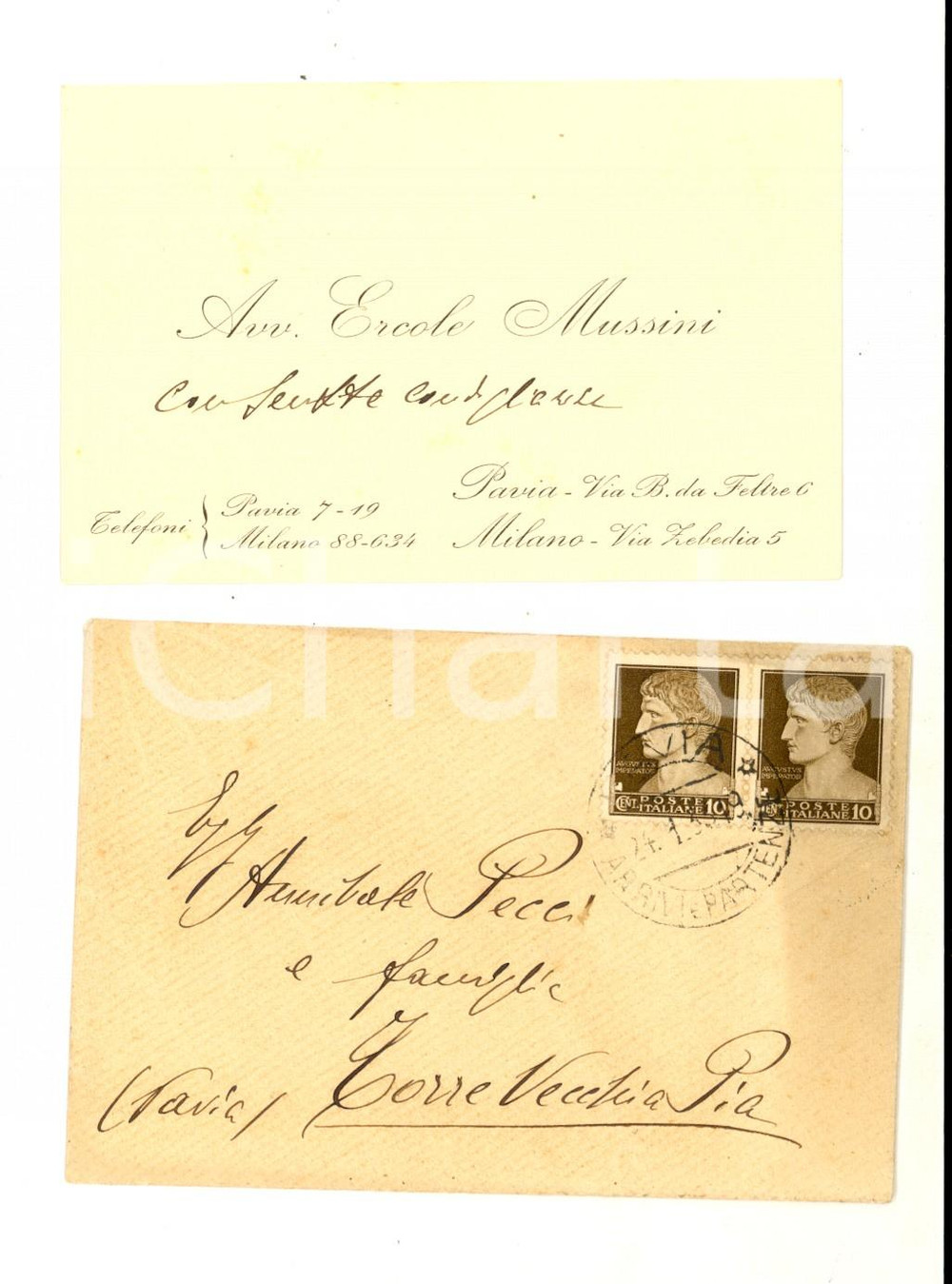 Oggetto da collezione cartaceo 1933 PAVIA  MILANO Avv. Ettore MUSSINI Biglietto da visita con busta 1