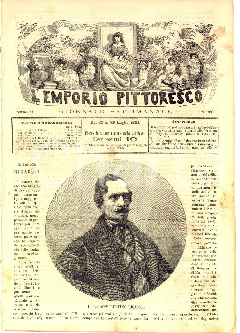 Giornale, rivista storica 1865 L EMPORIO PITTORESCO Il barone Bettino RICASOLI Rivista anno II nÂ° 47 1