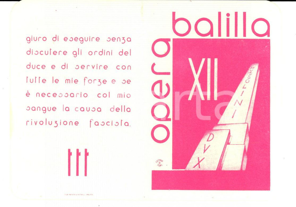 Oggetto da collezione cartaceo 1934 ONB ASSISI PG Tessera del balilla Gino SPARVIERI 1