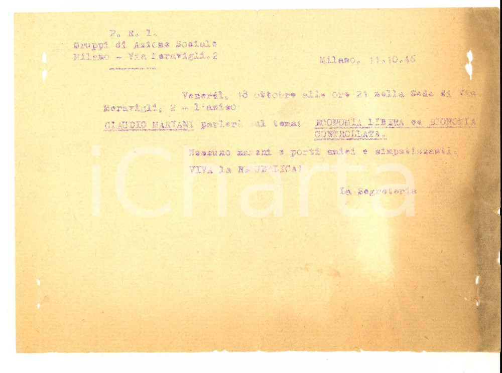 Documento originale, autentico 1946 PARTITO REPUBBLICANO MILANO via MERAVIGLI Conferenza Carlo MARIANI 1