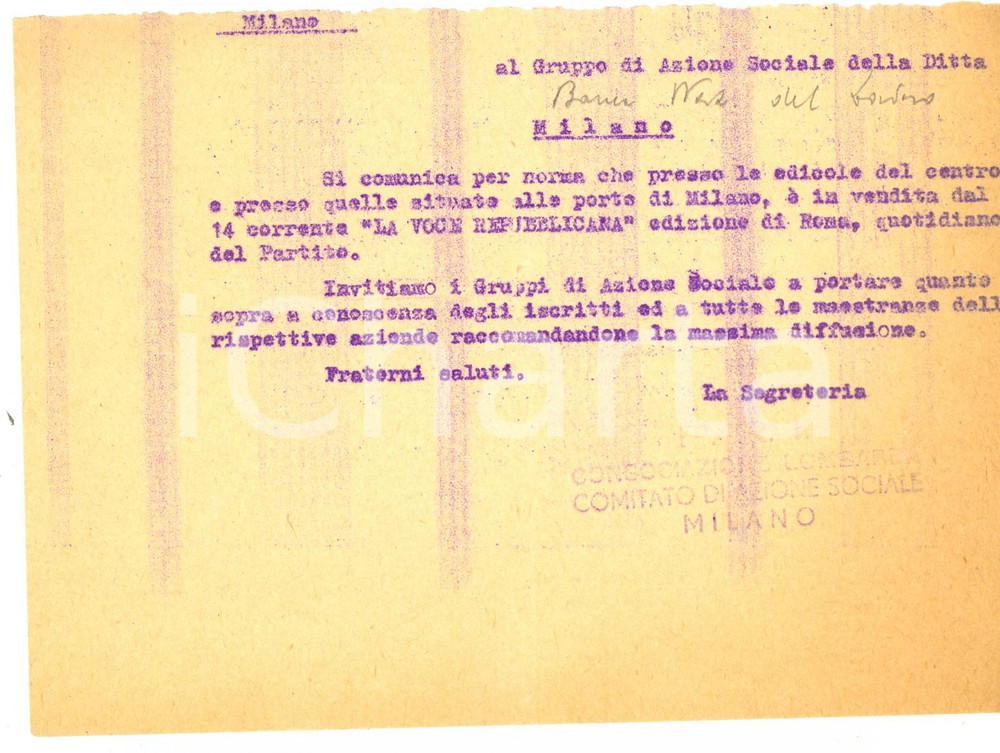 Documento originale, autentico 1945 PARTITO REPUBBLICANO MILANO Volantino pro vendita LA VOCE REPUBBLICANA 1