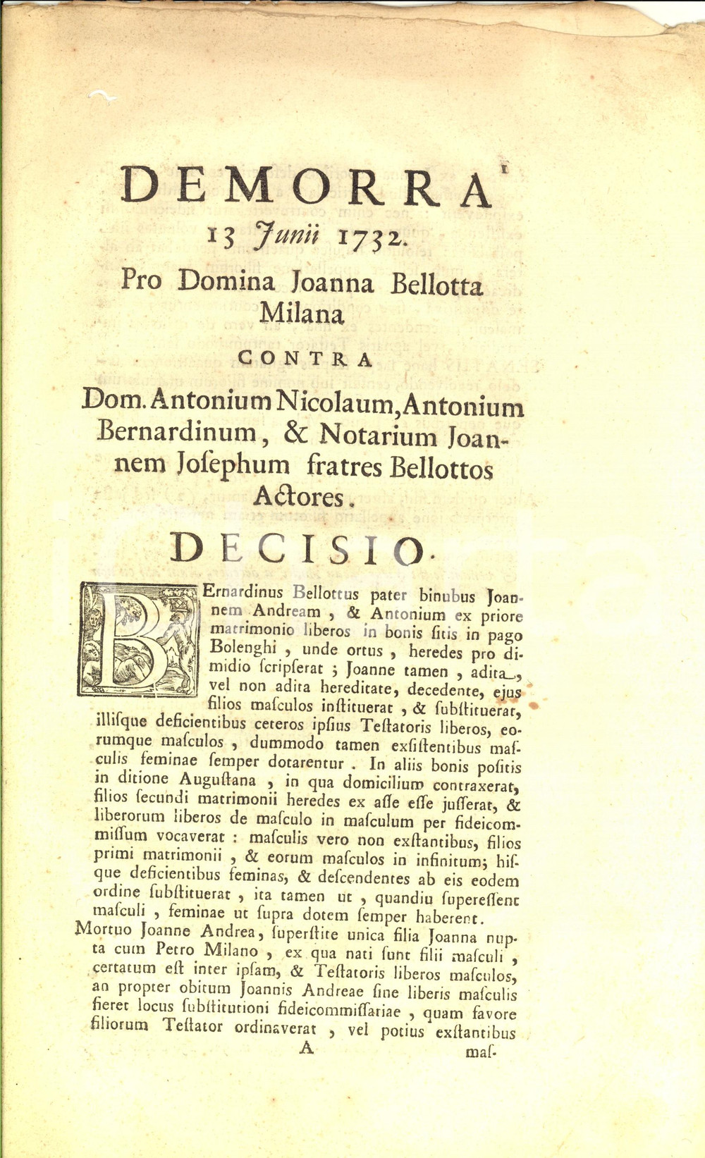 Documento originale, autentico 1732 TORINO Sentenza pro Giovanna BELLOTTI MILANI per ereditÃ  paterna 1