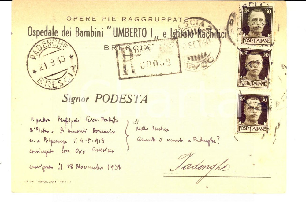 Cartolina originale da collezione 1940 BRESCIA Opere Pie Ospedale dei bambini UMBERTO I e Rachitici Cartolina 1