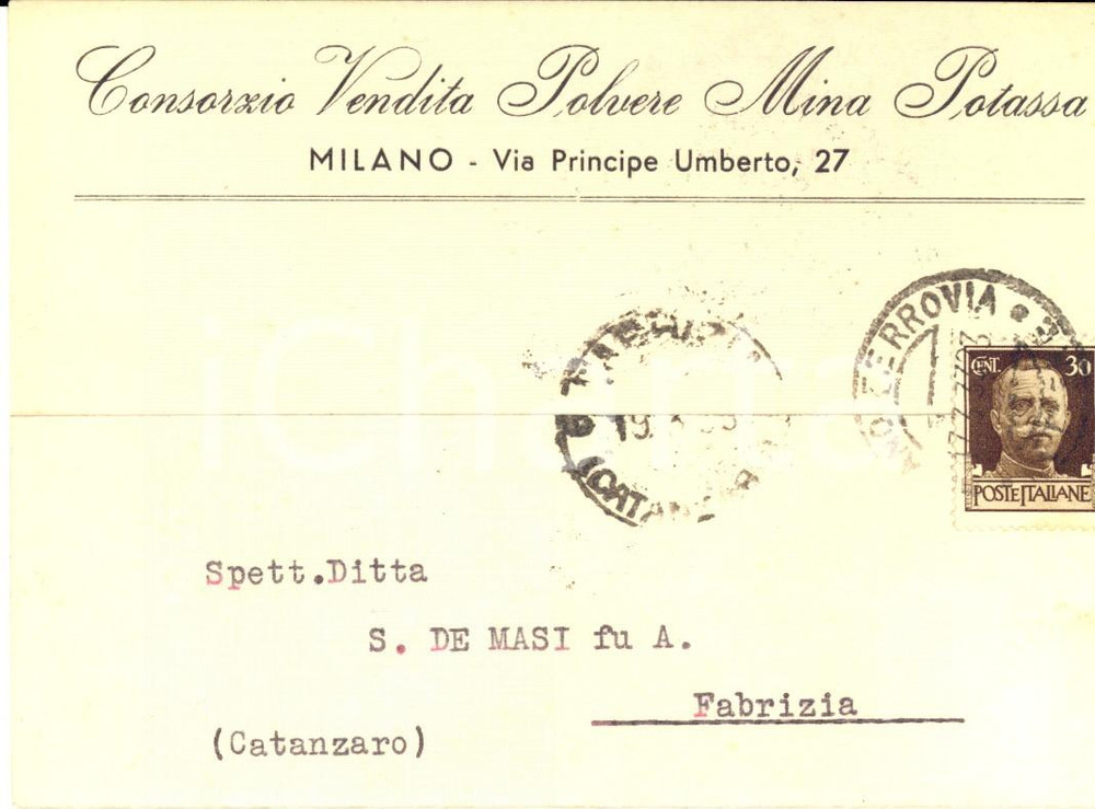 Cartolina originale da collezione 1933 MILANO Consorzio Vendita Polvere MIna Potassa Cartolina intestata 1