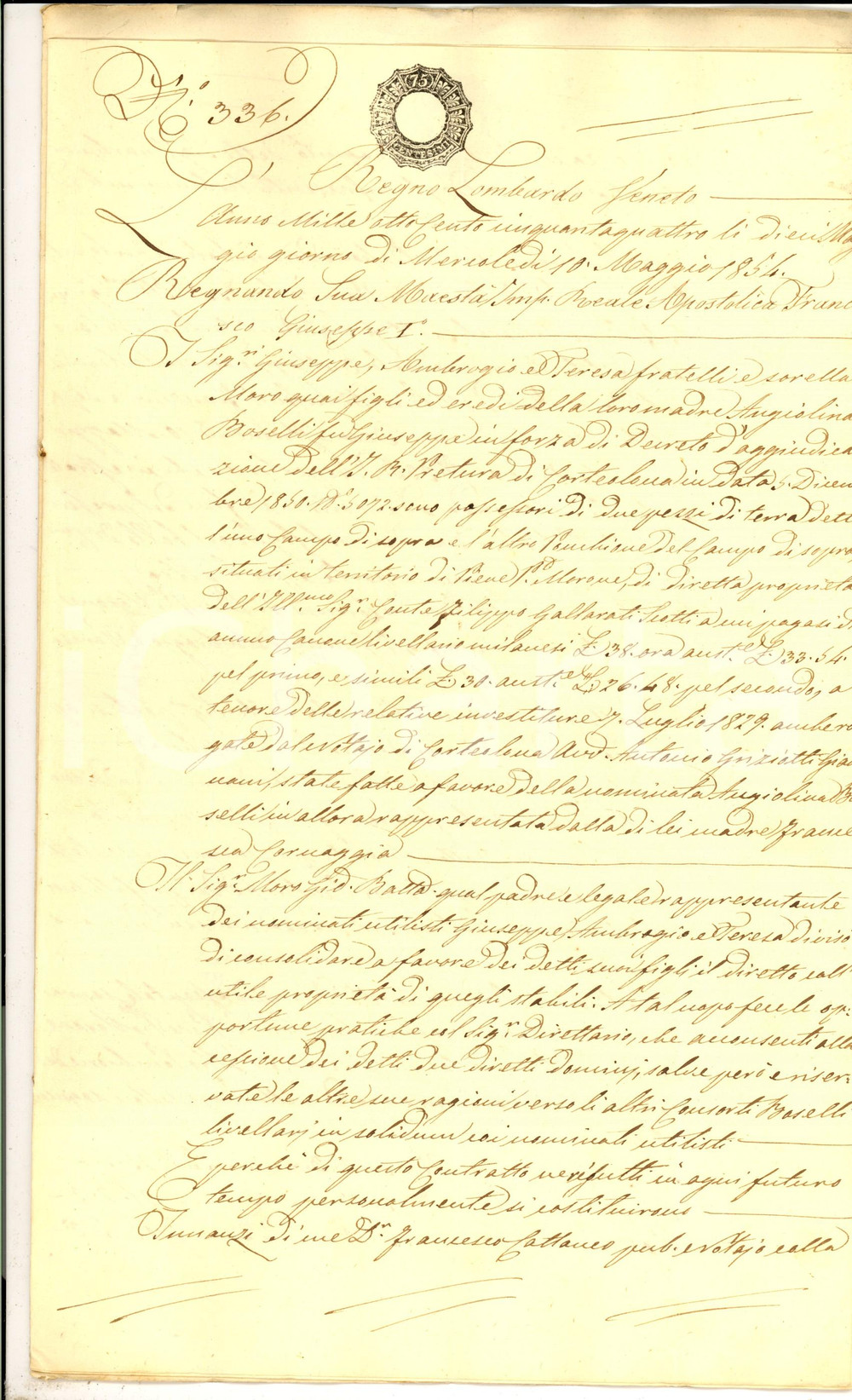 Documento originale, autentico 1854 PIEVE PORTO MORONE Filippo GALLARATI SCOTTI vende terre a famiglia MORO 1