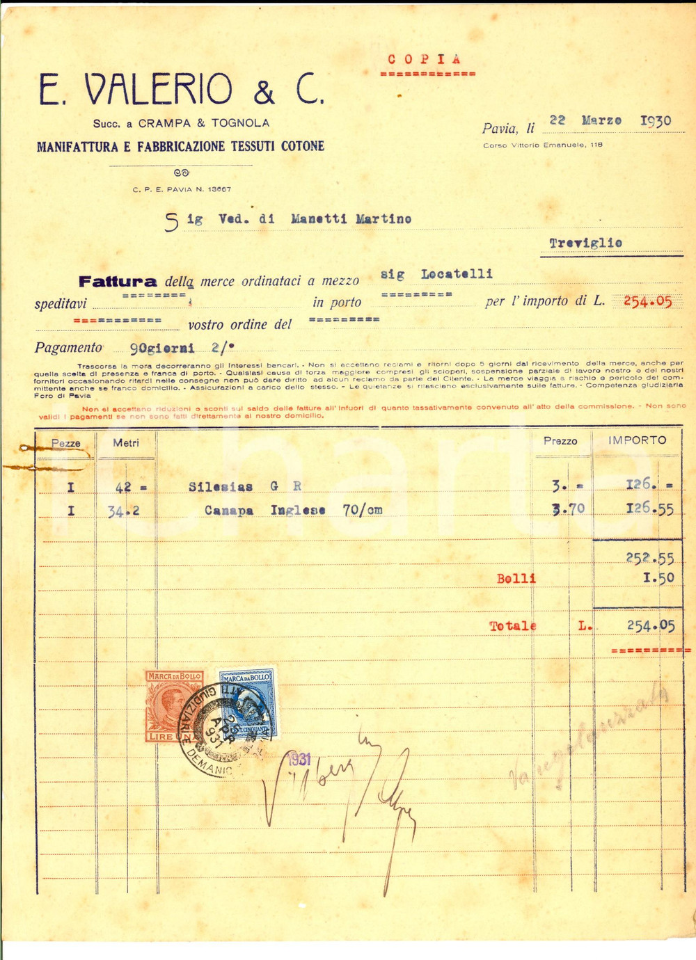 Documento originale, autentico 1930 PAVIA Ditta E. VALERIO Manifattura tessuti cotone Fattura intestata 1