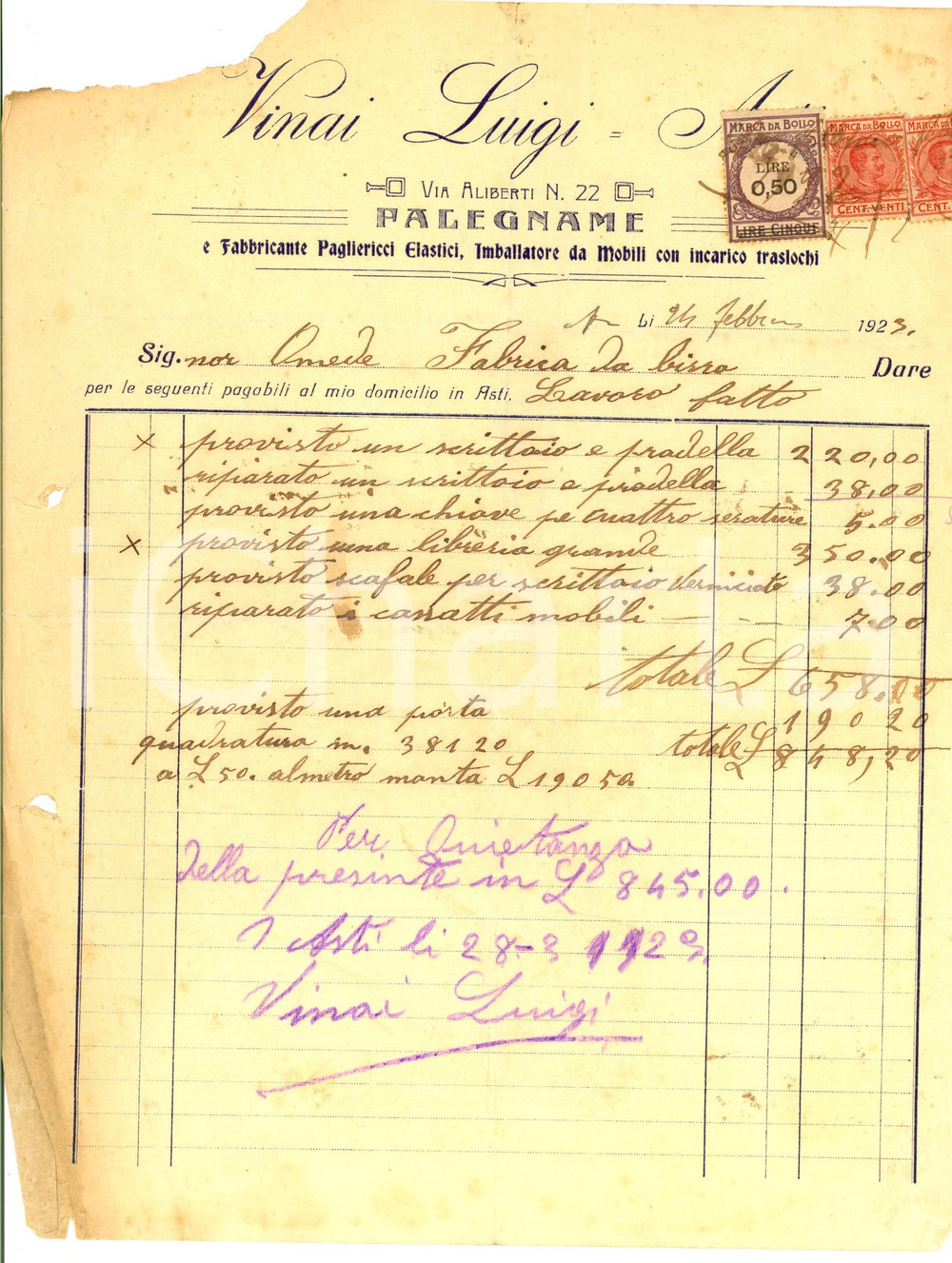 Documento originale, autentico 1923 ASTI Luigi VINAI Falegname  Pagliericci Fattura intestata DANNEGGIATA 1