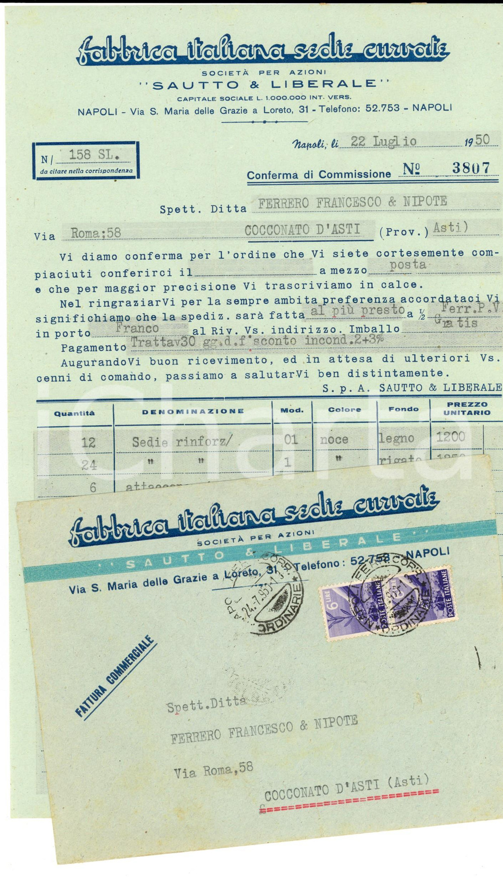1950 NAPOLI Fabbrica Italiana SEDIE CURVATE Lettera per ordine attaccapanni