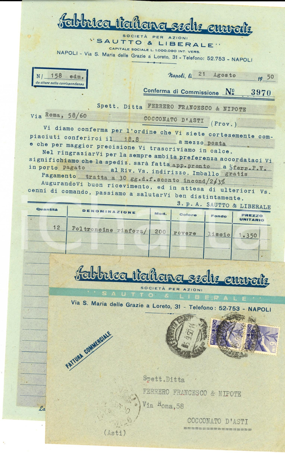 Documento originale, autentico 1950 NAPOLI Fabbrica Italiana SEDIE CURVATE Lettera per ordine poltroncine 1