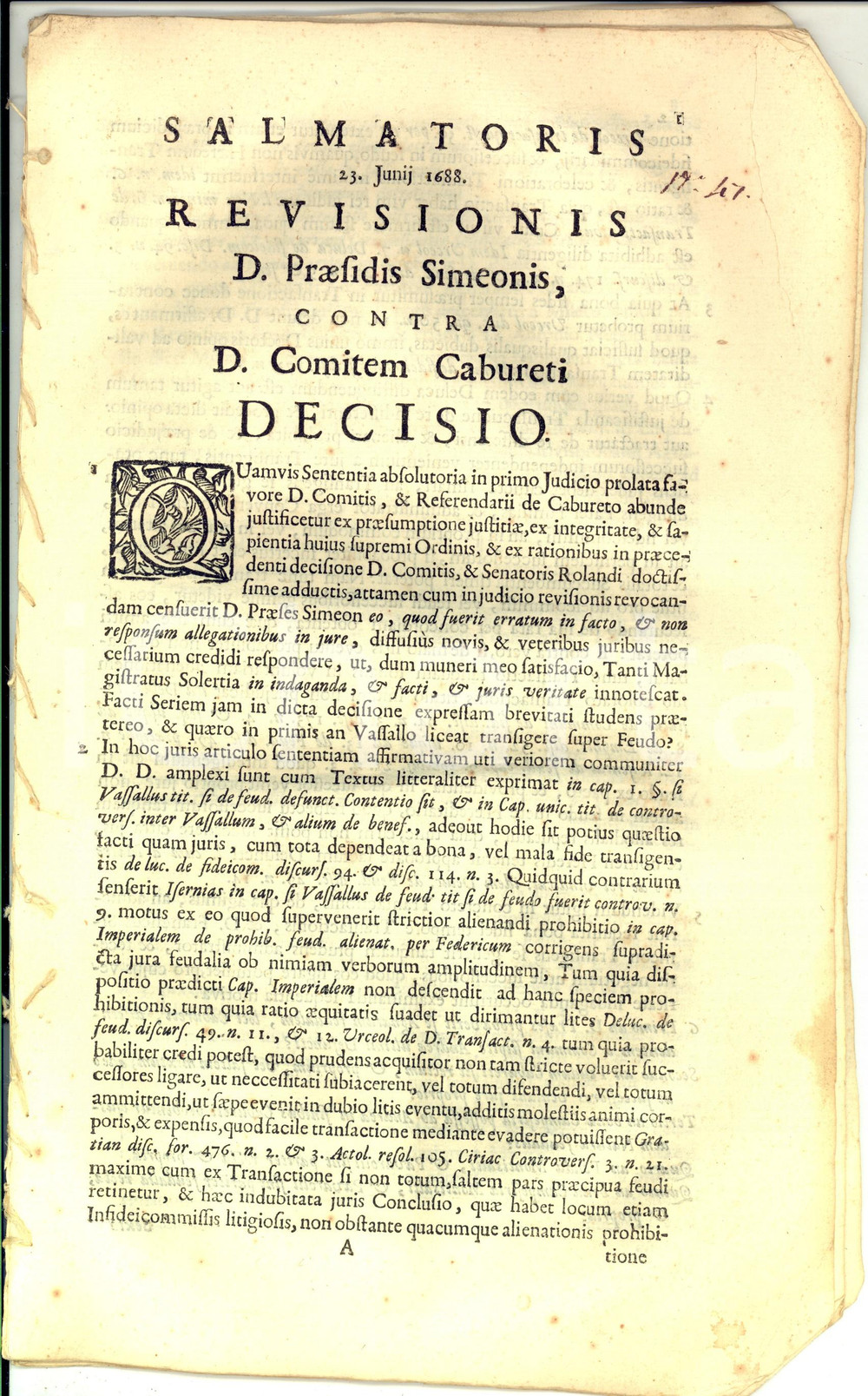 Documento originale, autentico 1688 TORINO Sentenza per diritti sul feudo dei nobili SIMEONE DI CAVORETTO 1