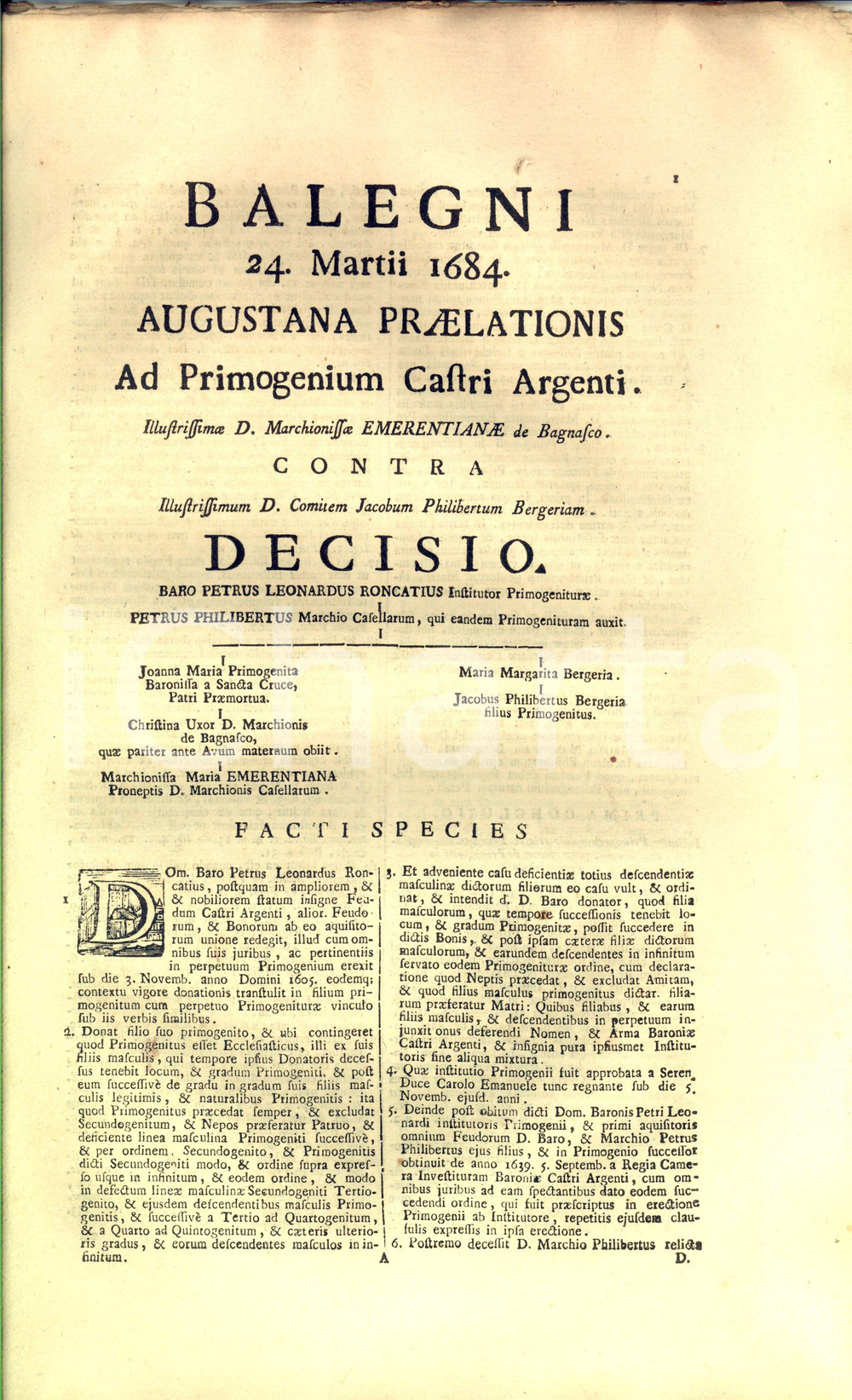 Documento originale, autentico 1746 CASTELLARGENTO CN Lite primogenitura baronessa di BAGNASCO vs BERGERIA 1
