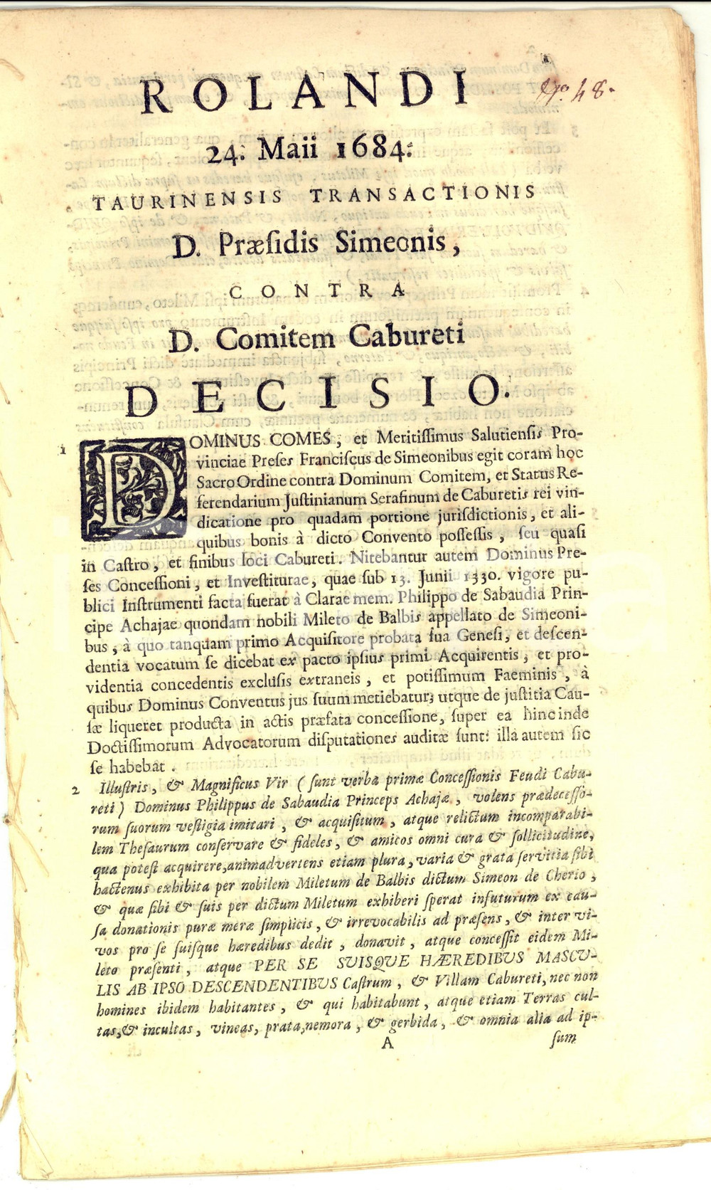 Documento originale, autentico 1684 TORINO Decisione per diritti sul feudo dei nobili SIMEONE DI CAVORETTO 1