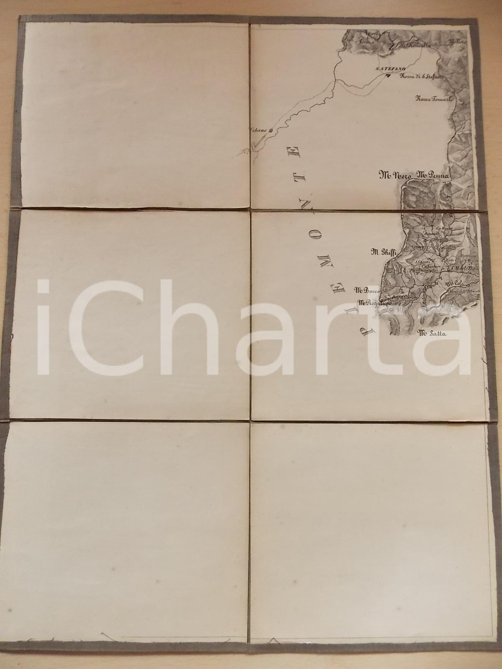 Mappa, planimetria storica 1870 ca APPENNINO LIGURE Monte PENNA Mappa montata su tela 33x43 cm 1