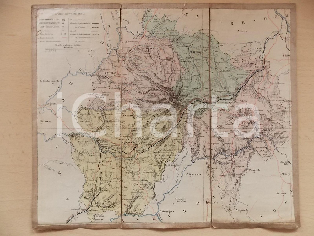 Mappa, planimetria storica 1870 ca FRANCE Monts du CANTAL Mappa su tela 28x24 cm 1