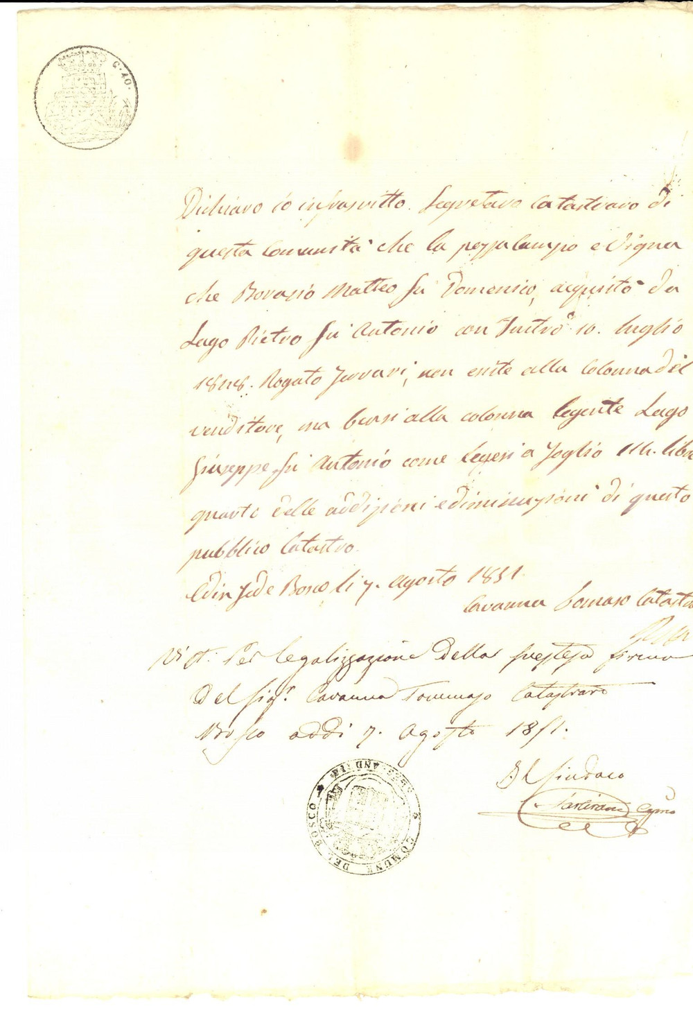 Documento originale, autentico 1851 BOSCO MARENGO AL Certificato acquisto campo Matteo BORASIO da Pietro LAGO 1