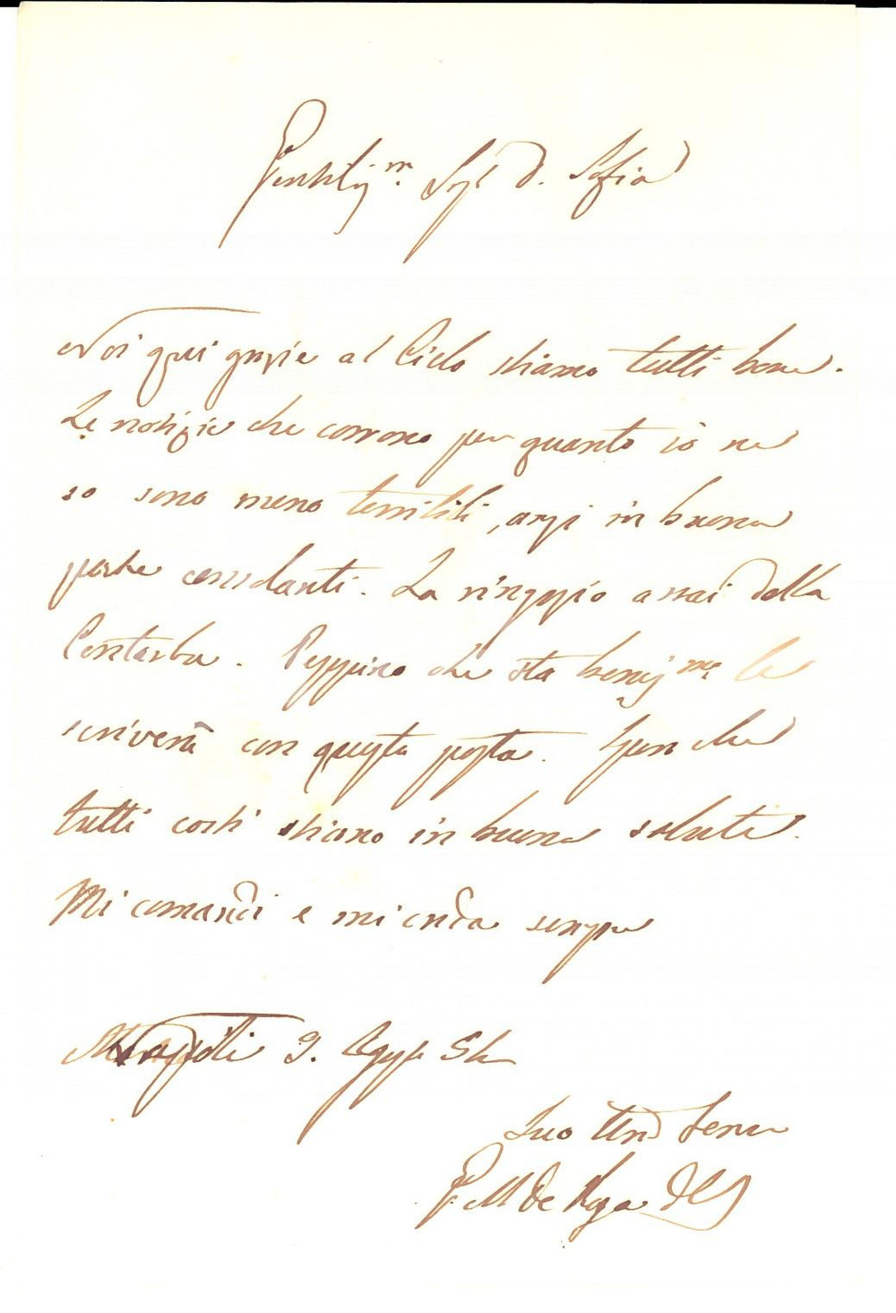 Documento originale, autentico 1854 NAPOLI Lettera principe DE UGO a Sofia TEDESCHI VILLAPIANA Prefilatelica 1