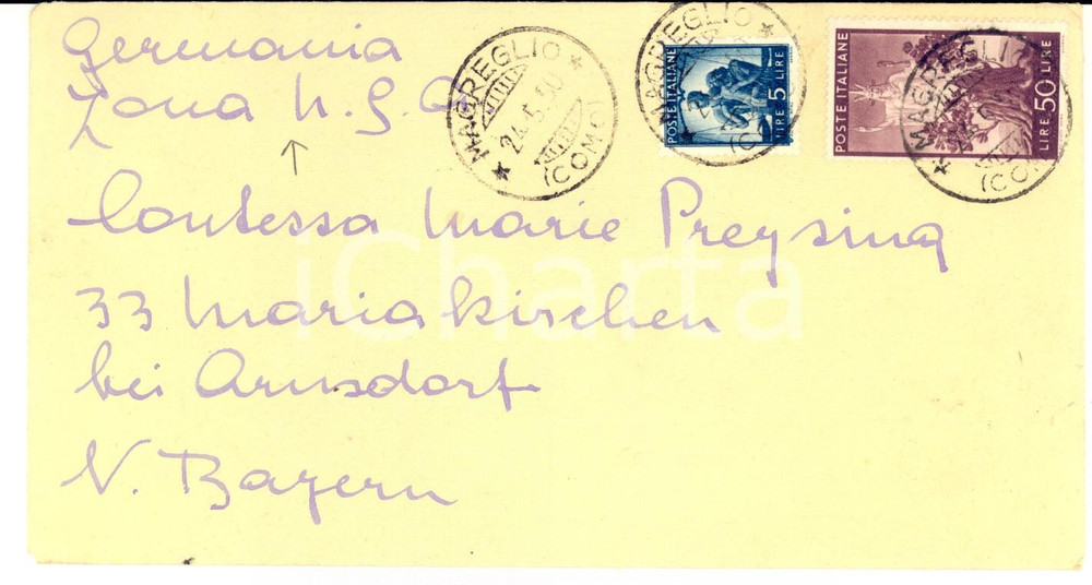Cartolina originale da collezione 1950 STORIA POSTALE  REPUBBLICA Affrancatura mista Lire 5 + L. 50 per estero 1