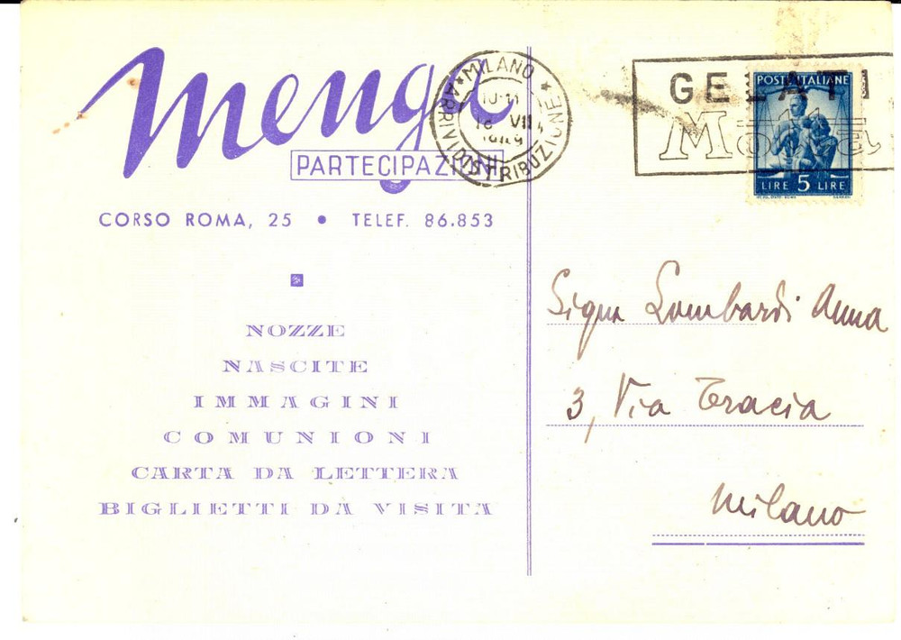Cartolina originale da collezione 1949 MILANO corso ROMA Partecipazioni MENGA Cartolina INTESTATA FG VG 1