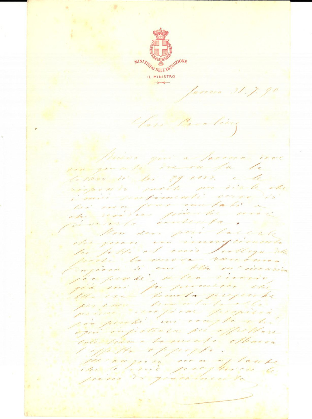 Autografo originale 1890 SAVONA Ministro Istruzione Paolo BOSELLI conferma una raccomandazione 1