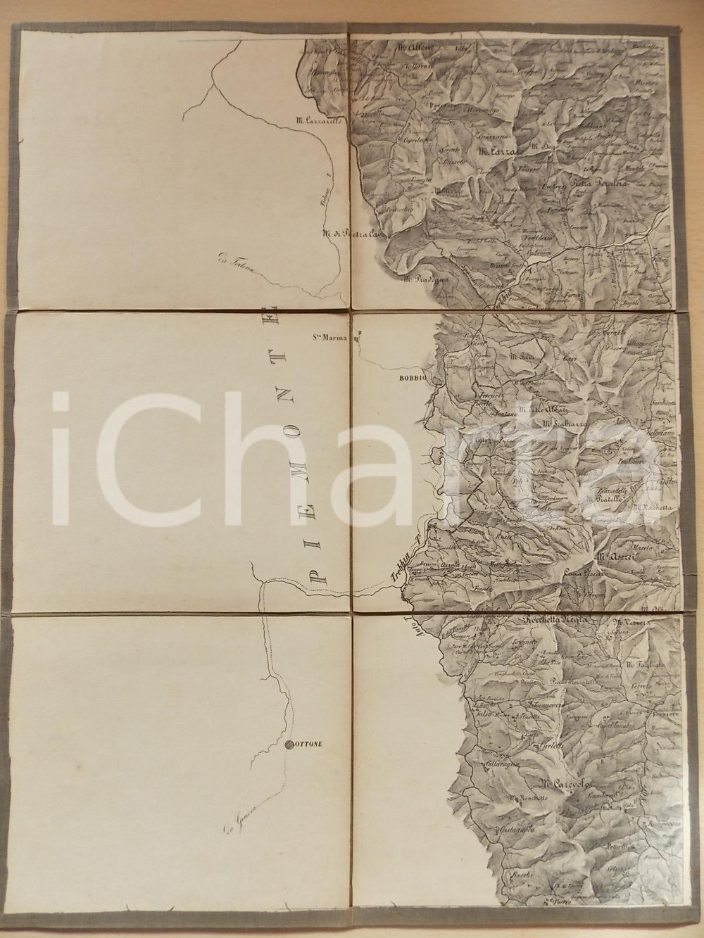 Mappa, planimetria storica 1870 ca BOBBIO e la Valle del TREBBIA Mappa montata su tela 33x43 cm 1
