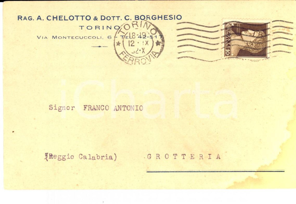 Cartolina originale da collezione 1932 TORINO Rag. A. CHELOTTO & Dot. C. BORGHESIO Cartolina intestata FG VG 1