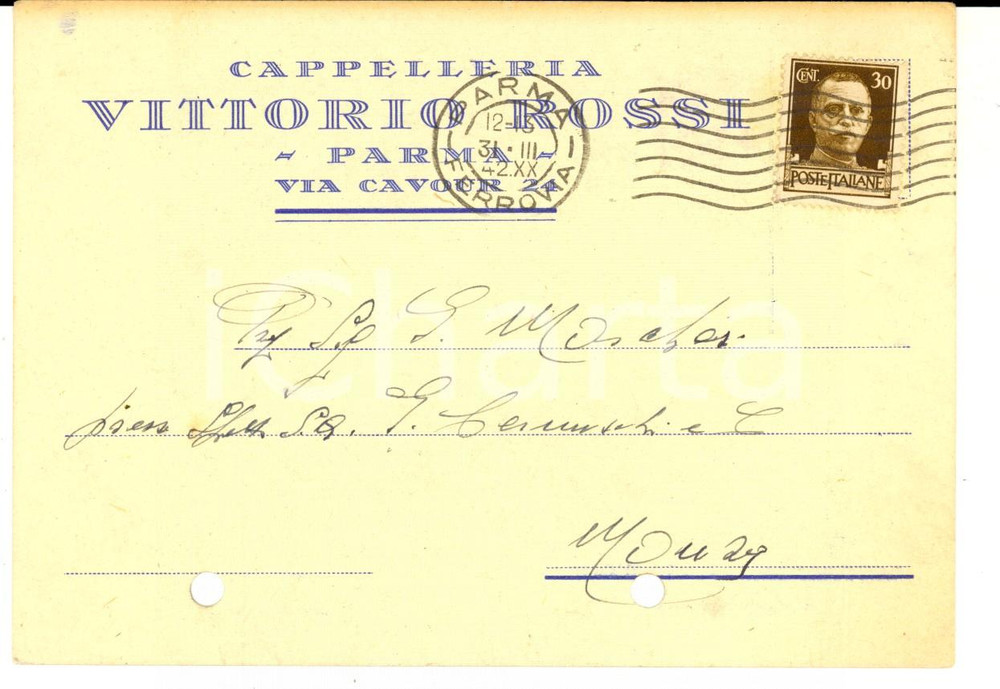Cartolina originale da collezione 1942 PARMA Cappelleria Vittorio ROSSI   Cartolina intestata per ordine FG VG 1
