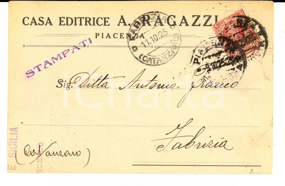 Cartolina originale da collezione 1925 PIACENZA Casa Editrice A. RAGAZZI   Cartolina intestata per ordine FP VG 1