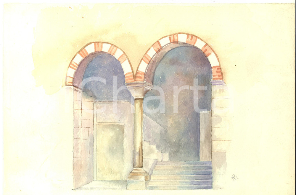 Stampa, bozzetto originale 1940 ca ARTE Prospettiva architettonica antica Acquerello FIRMATO 31x21 cm 1