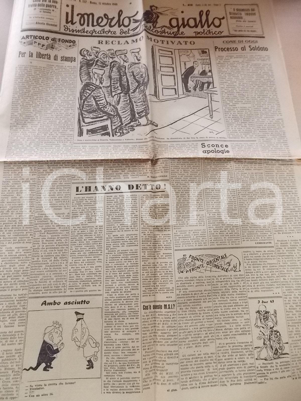 Giornale, rivista storica 1948 IL MERLO GIALLO Per la libertà  di stampa  Giornale anno III n° 132 1