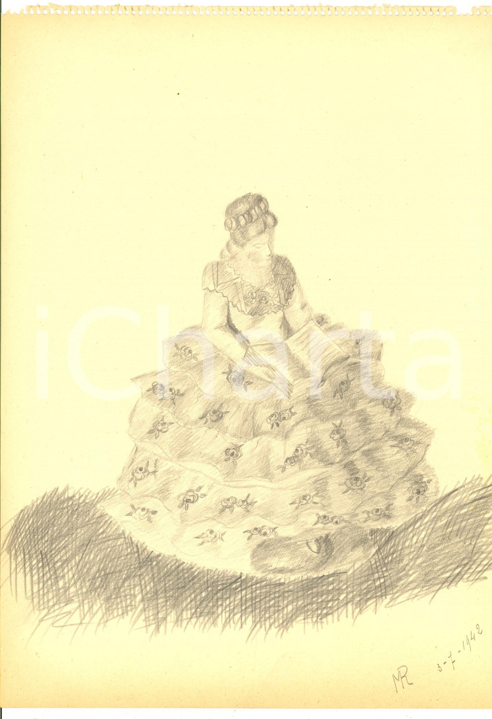 Stampa, bozzetto originale 1942 ARTE Ritratto di dama in lettura Disegno a matita FIRMATO 23x31 cm 1