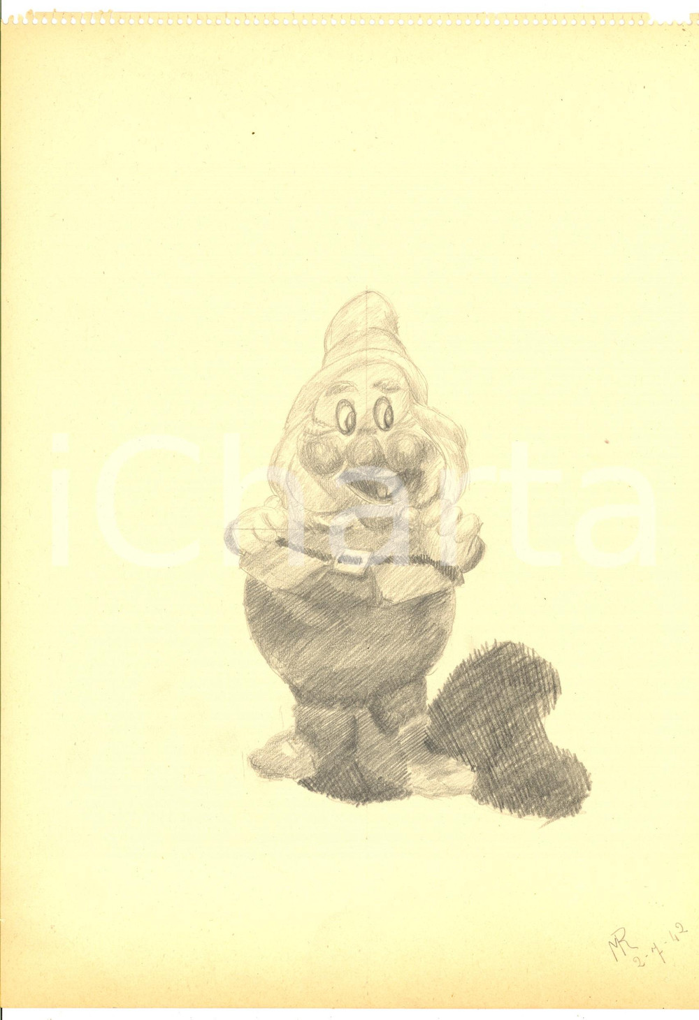 Stampa, bozzetto originale 1942 ARTE Un nanetto DISNEY Disegno a matita FIRMATO 23x31 cm 1