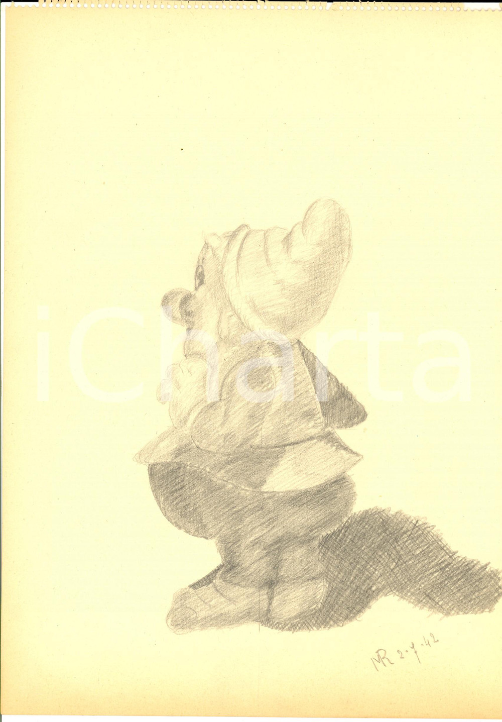 Stampa, bozzetto originale 1942 ARTE Un nanetto DISNEY  Disegno a matita FIRMATO 23x31 cm 1