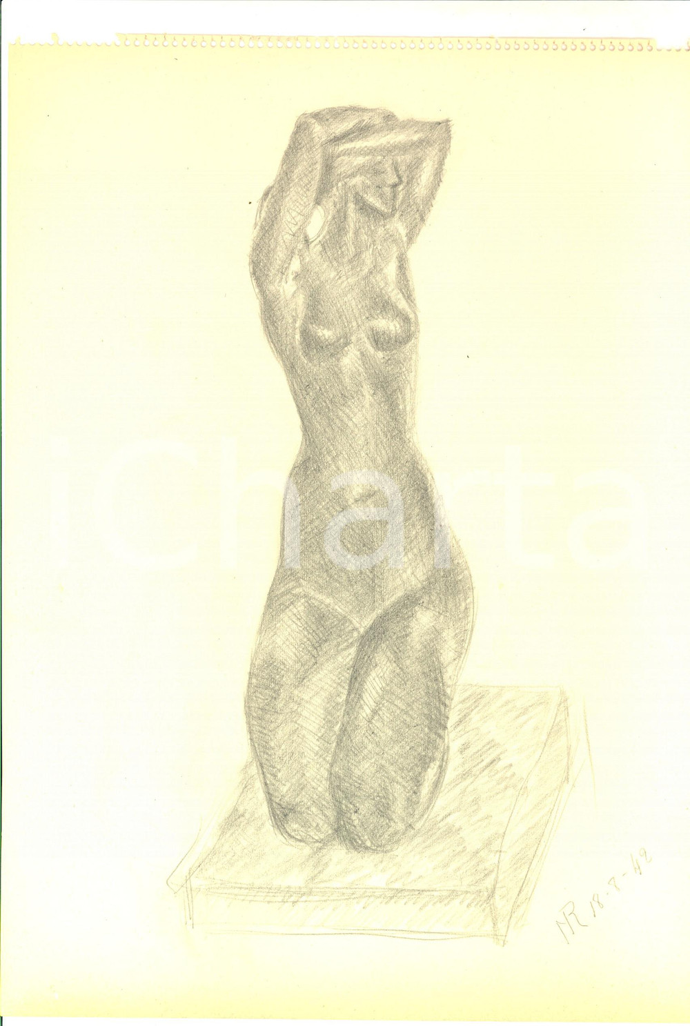 Stampa, bozzetto originale 1942 ARTE Statuetta di nudo femminile Disegno a matita FIRMATO 23x31 cm 1